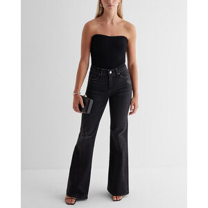 NWT Express '70s Flare Jeans Womens 6 Black Washed Ripped Mid-Rise Stretch Denim